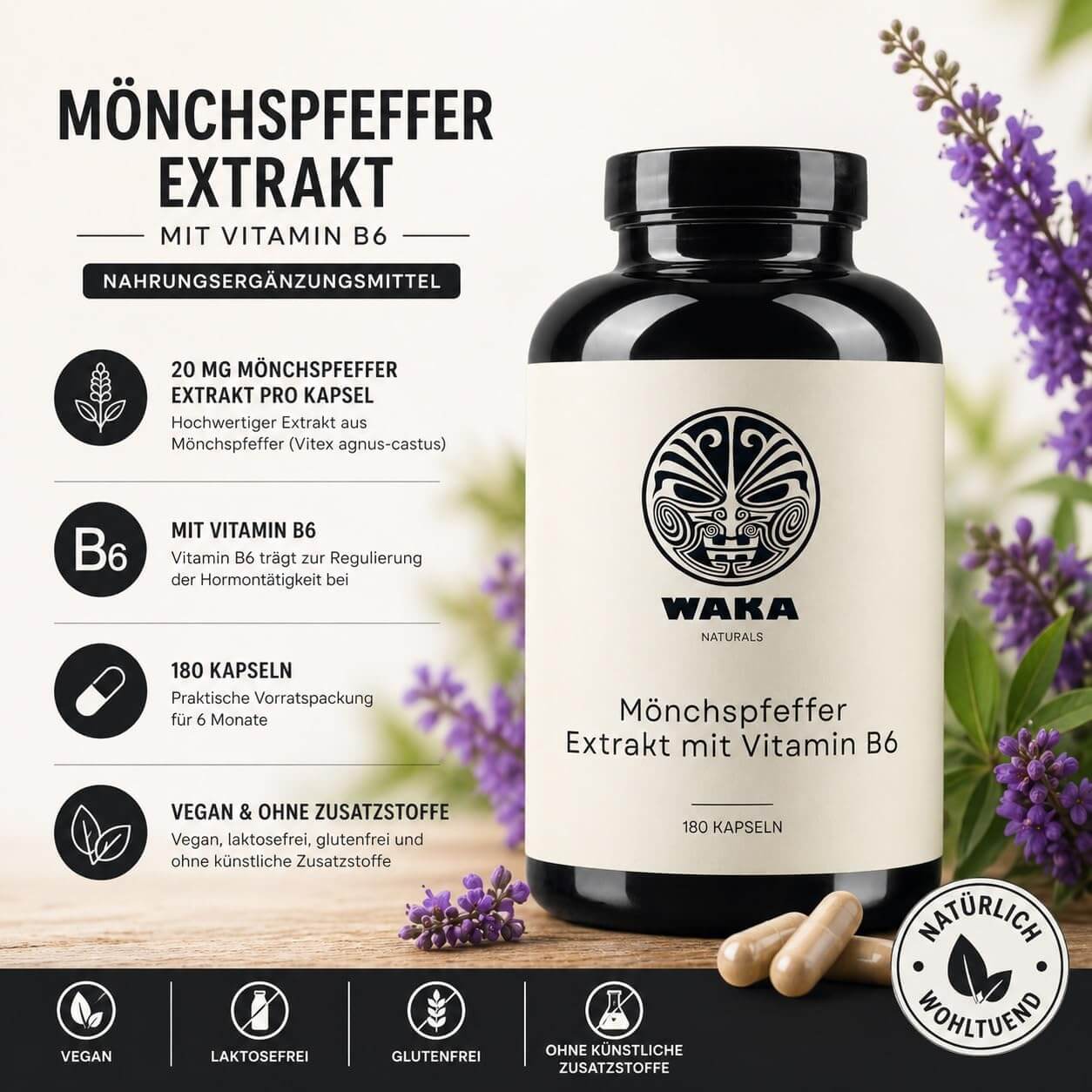 Mönchspfeffer Kapseln – 20 mg Extrakt mit Vitamin B6 | hochdosiert – waka - nutrition.com